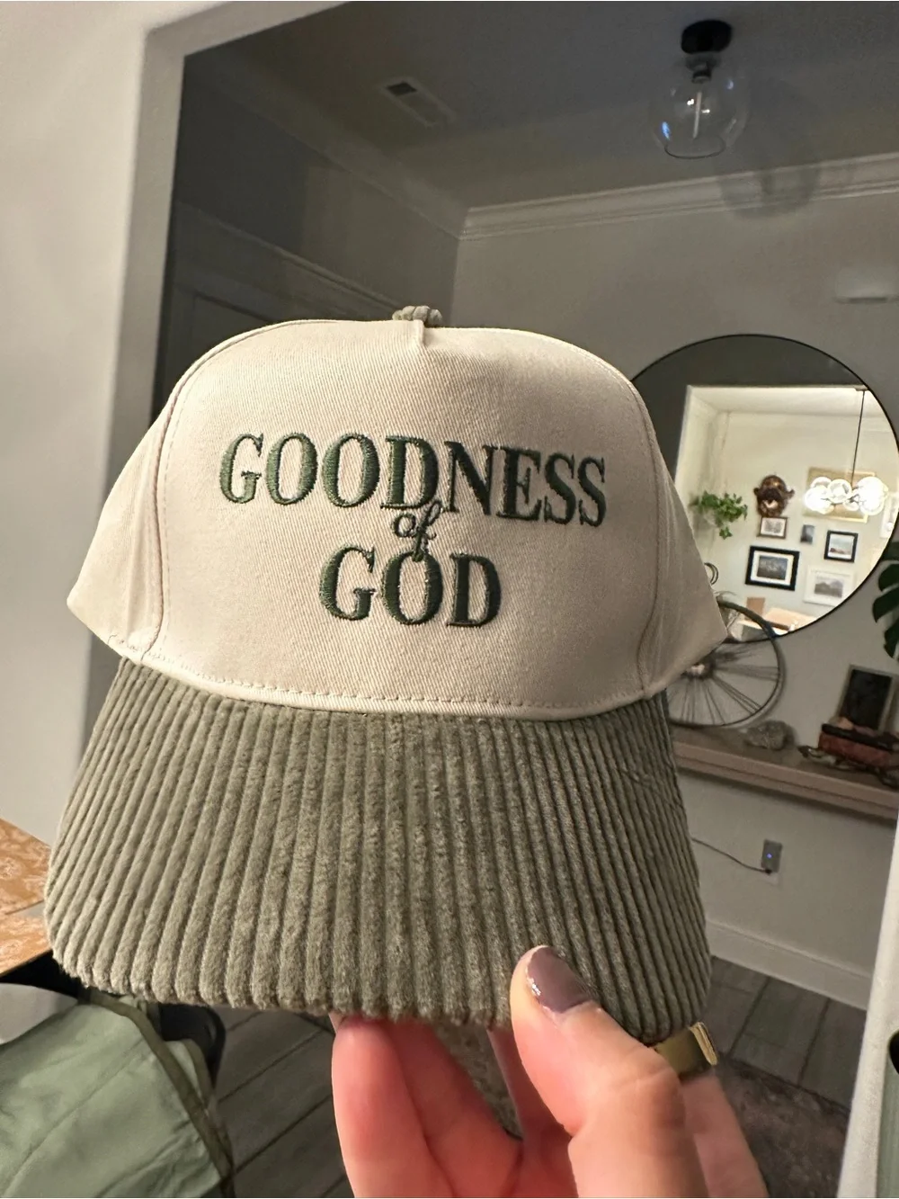 Goodness of God Embroidered Corduroy Brim Cap - Cream & Olive